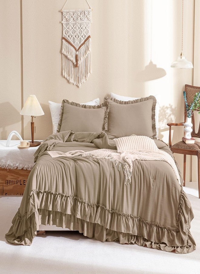 QSH 3PCs Light Taupe Ruffled Comforter Set Queen Size,Shabby Boho Chic Bedding Comforter Sets Queen, Ultra Soft Farmhouse Lightweight Microfiber Inner Fill Bed Comforter Set - Image 2