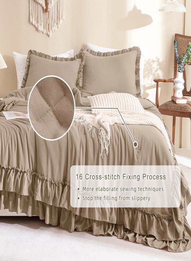 QSH 3PCs Light Taupe Ruffled Comforter Set Queen Size,Shabby Boho Chic Bedding Comforter Sets Queen, Ultra Soft Farmhouse Lightweight Microfiber Inner Fill Bed Comforter Set - Image 5