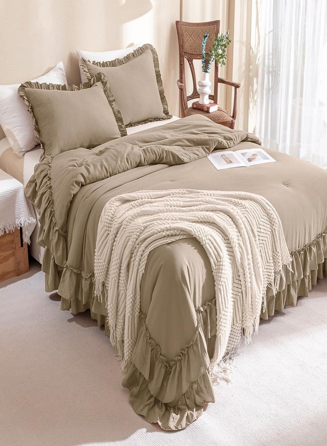 QSH 3PCs Light Taupe Ruffled Comforter Set Queen Size,Shabby Boho Chic Bedding Comforter Sets Queen, Ultra Soft Farmhouse Lightweight Microfiber Inner Fill Bed Comforter Set - Image 1