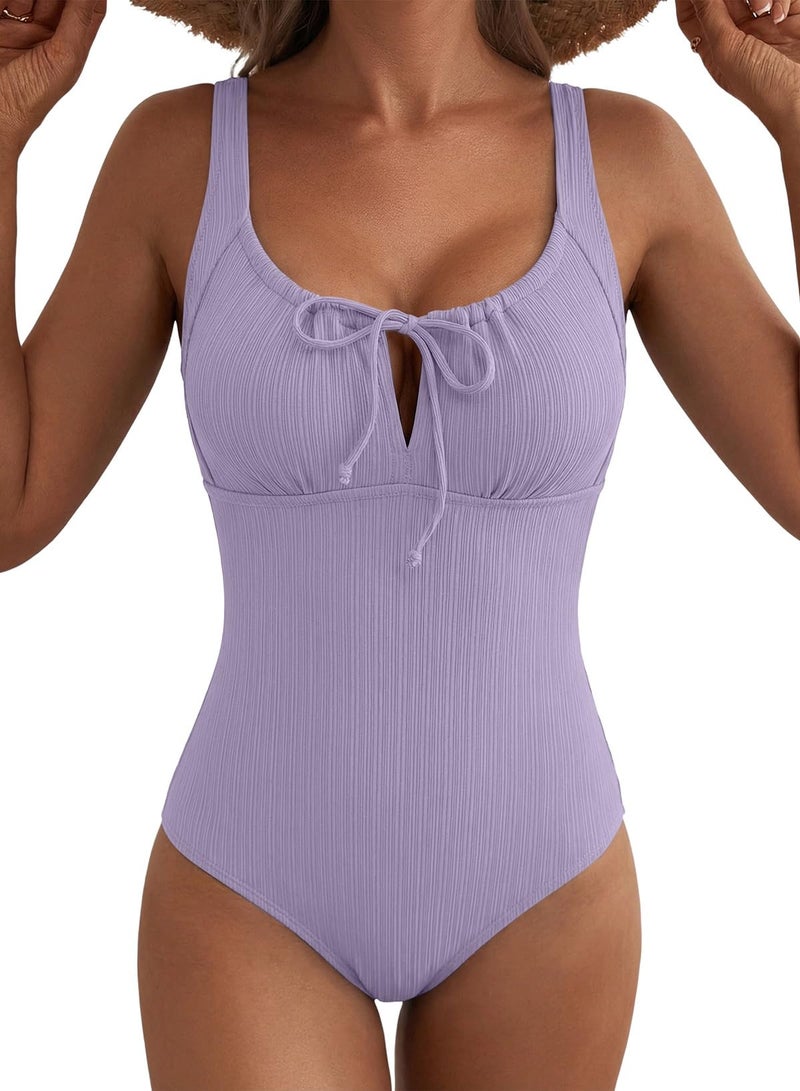 Aleumdr Womens Textured One Piece Bathing Suits Tummy Control Swimsuits Padded Push Up Bathing Suits Full Coverage Swimwear Lavender Purple Medium - Image 1