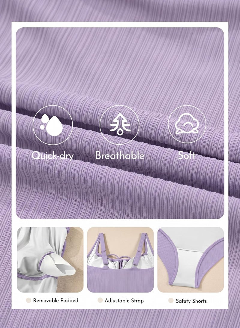 Aleumdr Womens Textured One Piece Bathing Suits Tummy Control Swimsuits Padded Push Up Bathing Suits Full Coverage Swimwear Lavender Purple Medium - Image 5