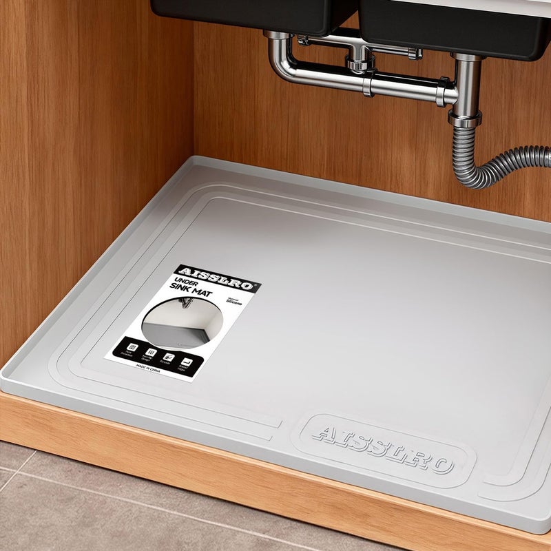 Aisslro حصيرة تحت الحوض 28" × 19"، حصائر سيليكون مقاومة للماء تحت الحوض للمطبخ، بطانة رف مضادة للتسرب وحامي للخزائن بحافة مرتفعة، [خالية من BPA] صينية حمام منظم منزلي، رمادي فاتح - Image 1