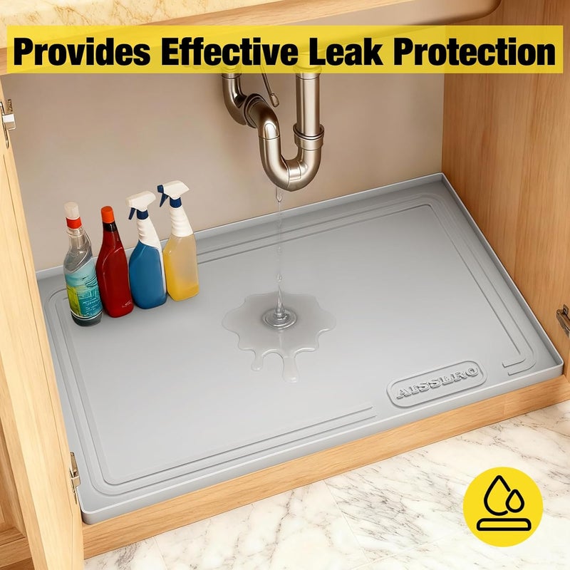 Aisslro حصيرة تحت الحوض 28" × 19"، حصائر سيليكون مقاومة للماء تحت الحوض للمطبخ، بطانة رف مضادة للتسرب وحامي للخزائن بحافة مرتفعة، [خالية من BPA] صينية حمام منظم منزلي، رمادي فاتح - Image 3