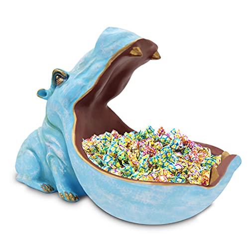 aboxoo Hippo Statue Home Resin Hippopotamus Figurine Fun Candy Dish,Key Bowl,Big Mouth Sculpture Table Art Decoration Sundries Container Storage Box (Light Blue) - Image 1