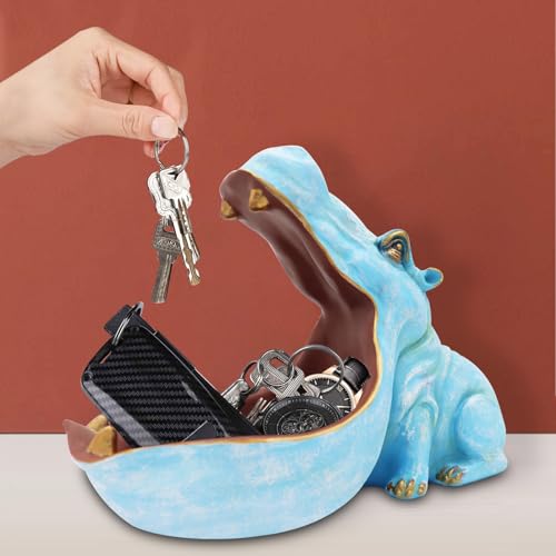 aboxoo Hippo Statue Home Resin Hippopotamus Figurine Fun Candy Dish,Key Bowl,Big Mouth Sculpture Table Art Decoration Sundries Container Storage Box (Light Blue) - Image 5