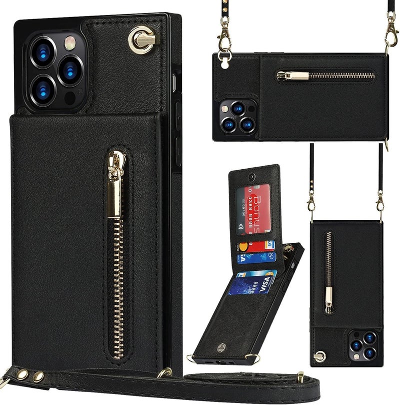 cheekyglo Casetic Crossbody Wallet for iPhone Case-Credit Card Holder, Multifunctional Leather Crossbody Phone Case, for iPhone 11/12/13/14 pro/promax (Black,for iPhone 13 Pro) - Image 1