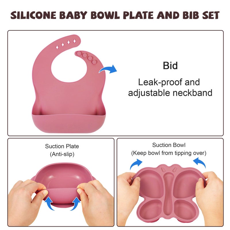 MIICASA Silicone Baby Feeding Set, Baby Led Weaning Supplies, Silicone Suction Butterfly Plate, Bowl, Spoons, Fork and Waterproof Bib & Cloth Bib, Eating Utensils Baby Feeding Essentials (Pink) - Image 5