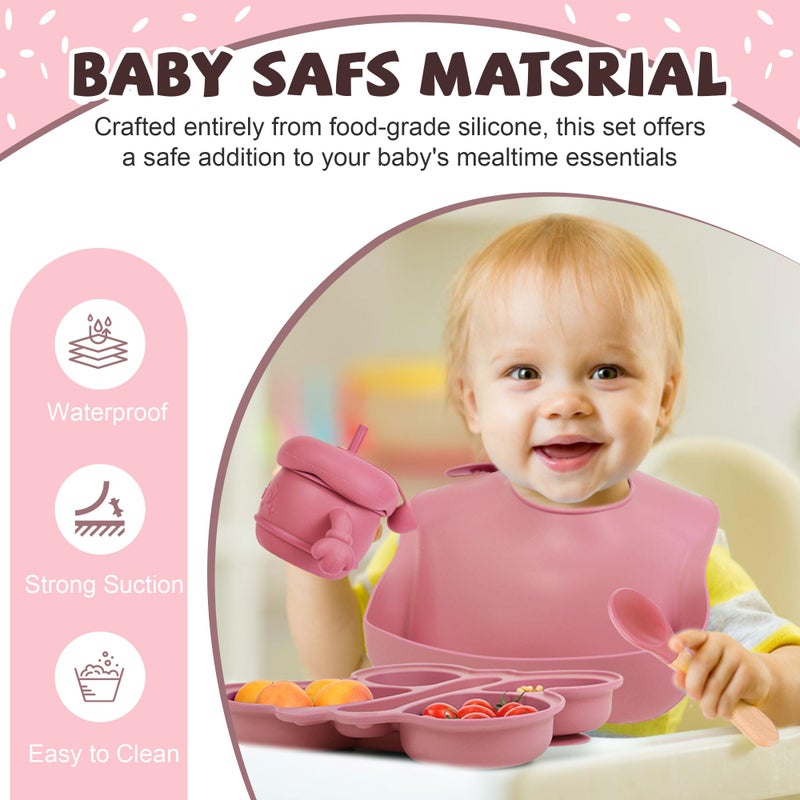 MIICASA Silicone Baby Feeding Set, Baby Led Weaning Supplies, Silicone Suction Butterfly Plate, Bowl, Spoons, Fork and Waterproof Bib & Cloth Bib, Eating Utensils Baby Feeding Essentials (Pink) - Image 3