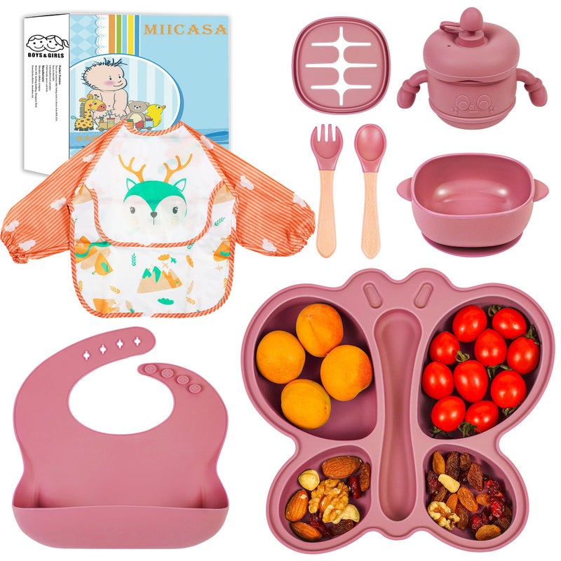MIICASA Silicone Baby Feeding Set, Baby Led Weaning Supplies, Silicone Suction Butterfly Plate, Bowl, Spoons, Fork and Waterproof Bib & Cloth Bib, Eating Utensils Baby Feeding Essentials (Pink) - Image 1