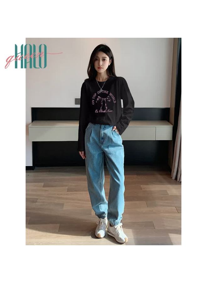 HALOQUEEN Halo Queen Women's Long Sleeve Cotton T-shirt Spring Autumn Round Neck Letter Bow Print Casual Base Shirt New H143t2009 - Image 3