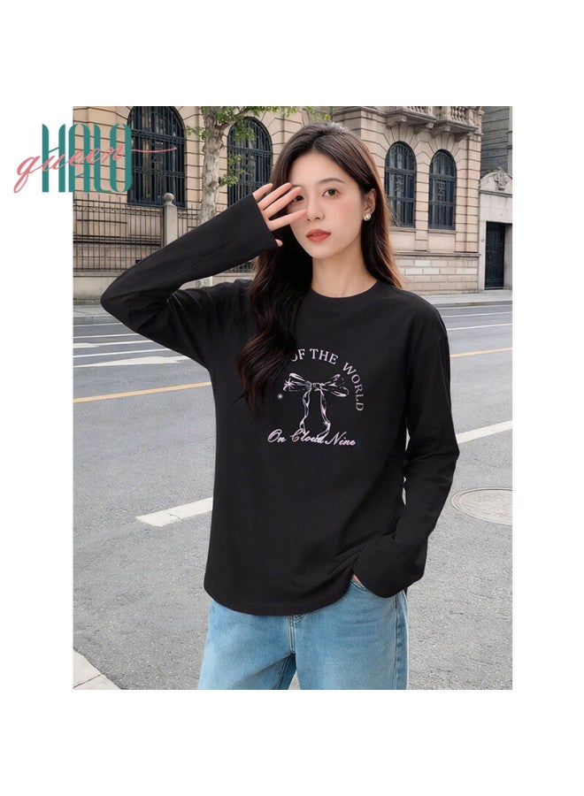 HALOQUEEN Halo Queen Women's Long Sleeve Cotton T-shirt Spring Autumn Round Neck Letter Bow Print Casual Base Shirt New H143t2009 - Image 1