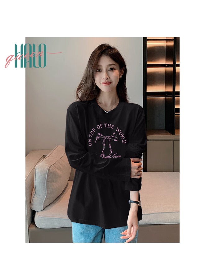 HALOQUEEN Halo Queen Women's Long Sleeve Cotton T-shirt Spring Autumn Round Neck Letter Bow Print Casual Base Shirt New H143t2009 - Image 4