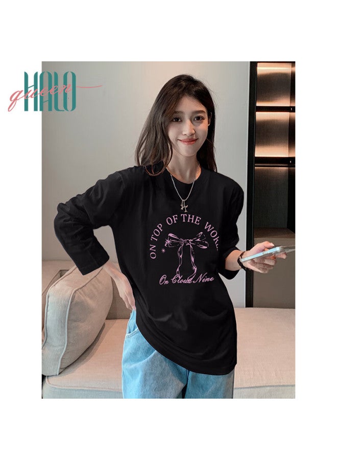 HALOQUEEN Halo Queen Women's Long Sleeve Cotton T-shirt Spring Autumn Round Neck Letter Bow Print Casual Base Shirt New H143t2009 - Image 5