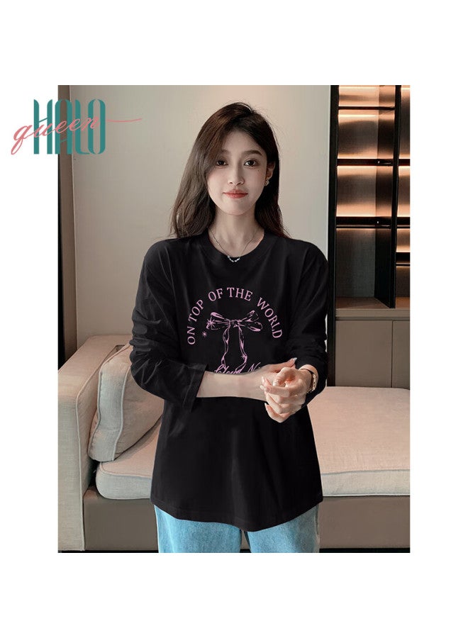 HALOQUEEN Halo Queen Women's Long Sleeve Cotton T-shirt Spring Autumn Round Neck Letter Bow Print Casual Base Shirt New H143t2009 - Image 2