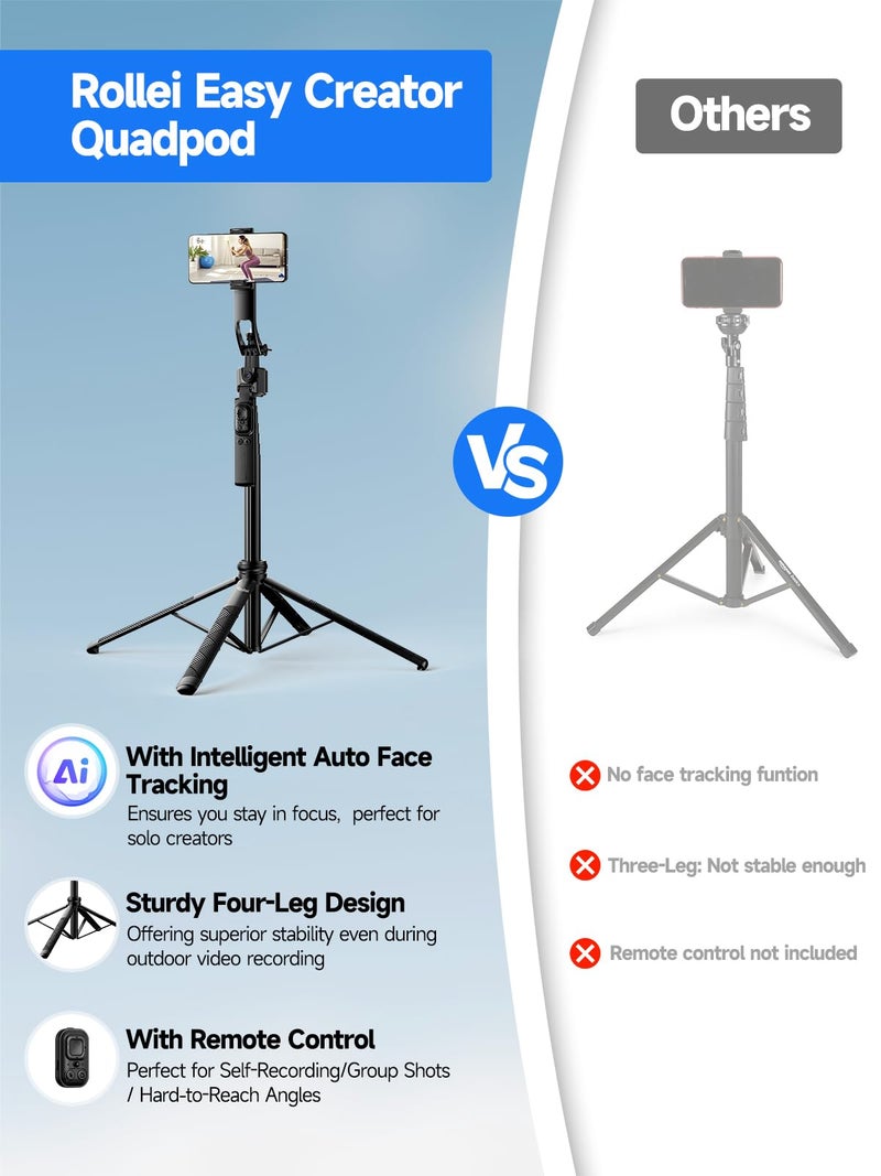 Rollei Auto Face Tracking Tripod, Smartphone Gimbal Stabilizer 64'' Selfie Stick Tripod Holder 360° Rotation for iPhone/Android Stand for Filming Streaming Tiktok Video Vlog - Image 5