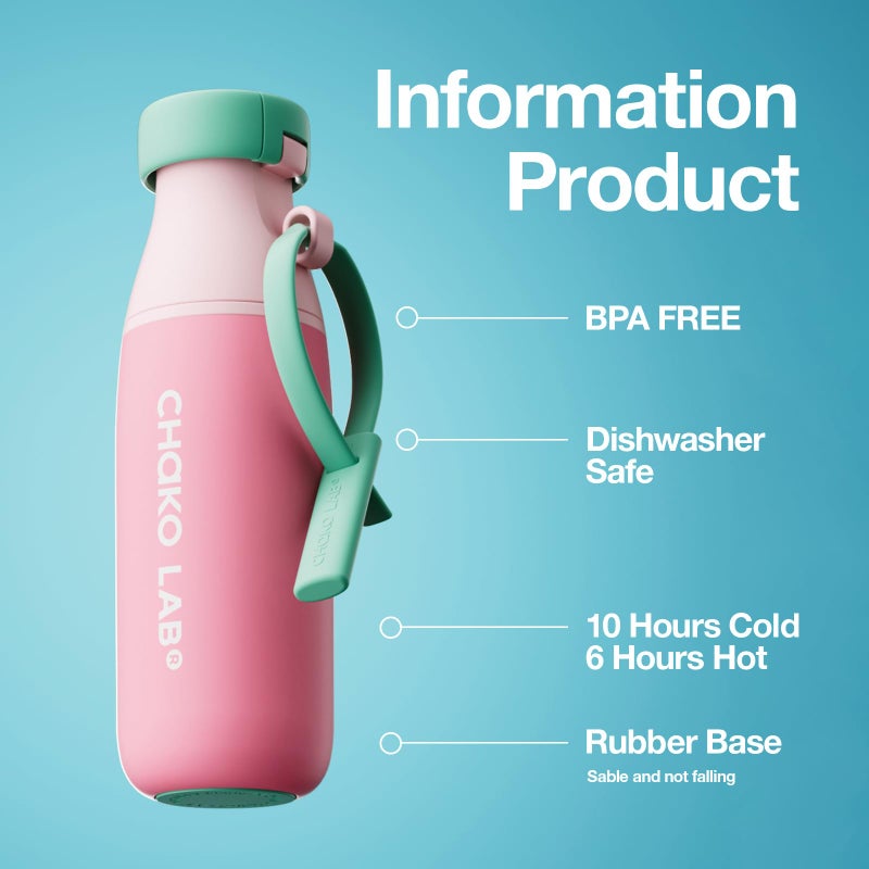 CHAKO LAB Ceramic Insulated Stainless Steel Water Bottle with Two Strap | BPA-Free Leak Proof | 17oz Bottle with Spout Lid & Straw | Peach - Image 2
