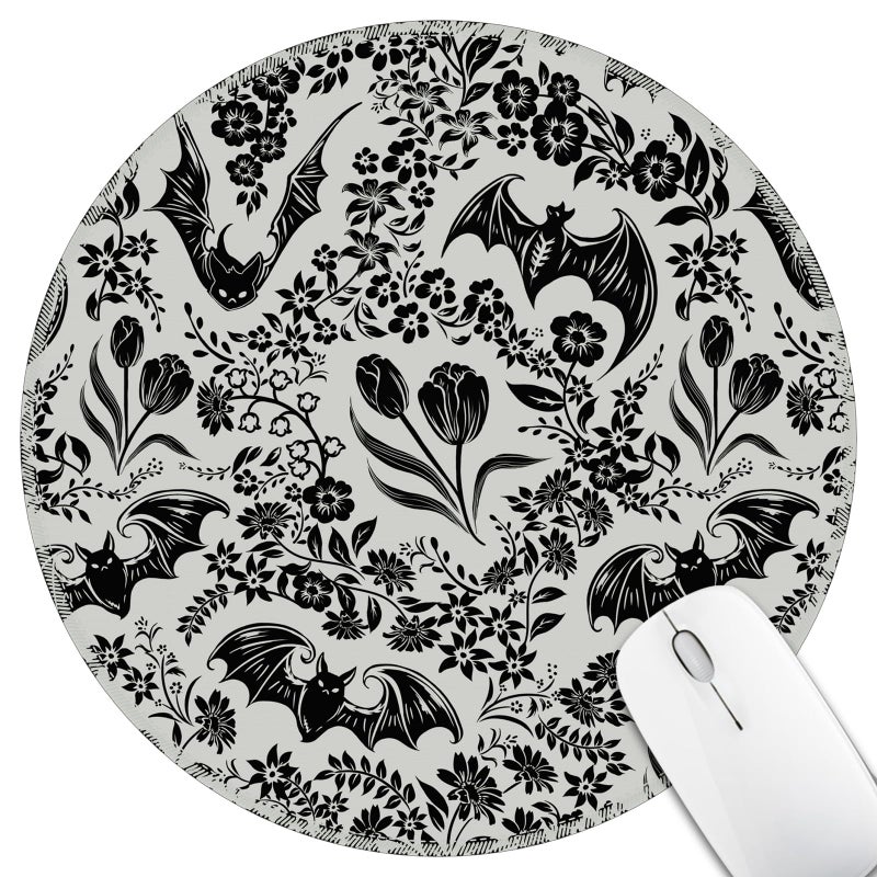 Hancynir Goth Bat Floral Mouse Pad for Desk, Gothic Small Cute Mousepad with Non-Slip Base, Round Mouse Pads for Wireless Mouse Laptop Gaming, Computer Mouse Mat for Office Decor Desk Accessories - Image 1