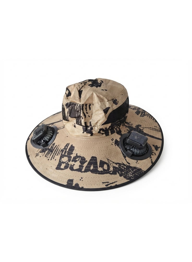 Trendoza Dual Solar Powered Cooling Fan Hat | USB Rechargeable Wide Brim Breathable Sun Hat for Outdoor Activities, Hiking & Fishing | Light Beige Camouflage - Image 1