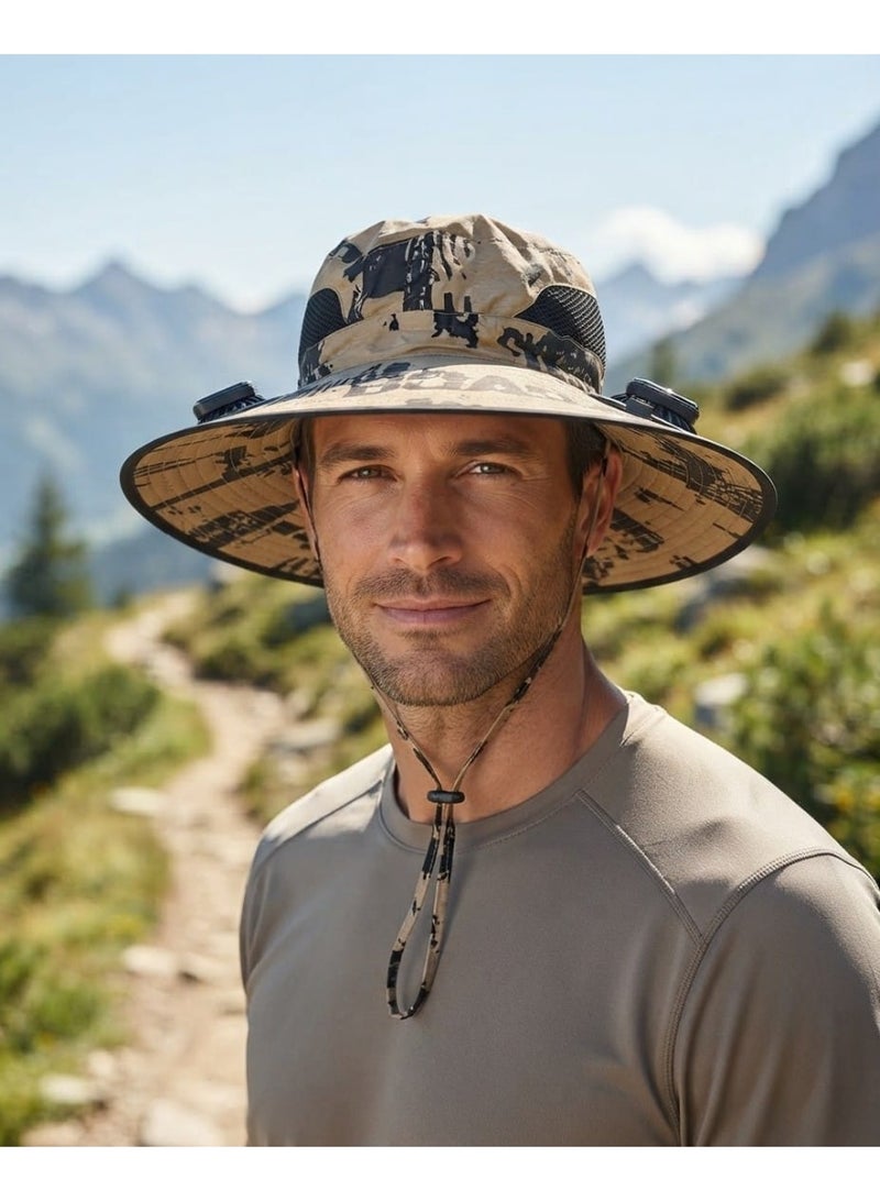 Trendoza Dual Solar Powered Cooling Fan Hat | USB Rechargeable Wide Brim Breathable Sun Hat for Outdoor Activities, Hiking & Fishing | Light Beige Camouflage - Image 2