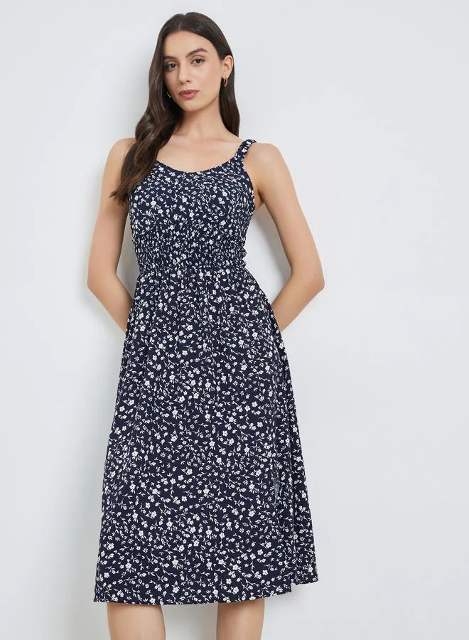 تايك تو Blue Floral Smocked Waist Strappy Midi Dress