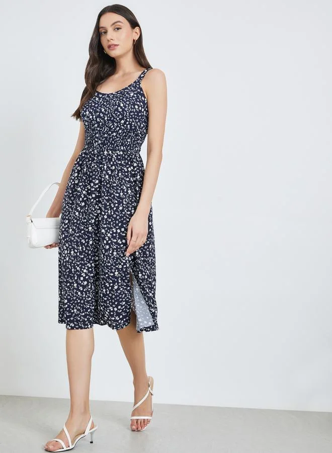 تايك تو Blue Floral Smocked Waist Strappy Midi Dress