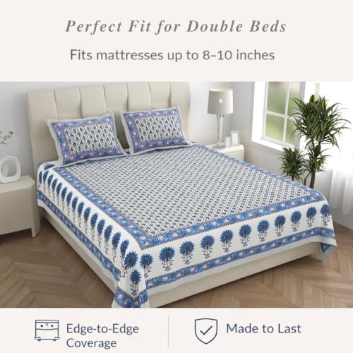 ElanorHomes Cotton Double King Size Bedsheet | Hand Printed | Ultra-Soft & Skin-Safe | Breathable Summer Comfort | 90x108 inches with 2 Pillow Covers (Midnight Motif) - Image 3
