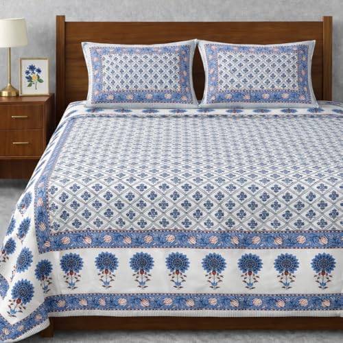 ElanorHomes Cotton Double King Size Bedsheet | Hand Printed | Ultra-Soft & Skin-Safe | Breathable Summer Comfort | 90x108 inches with 2 Pillow Covers (Midnight Motif) - Image 1