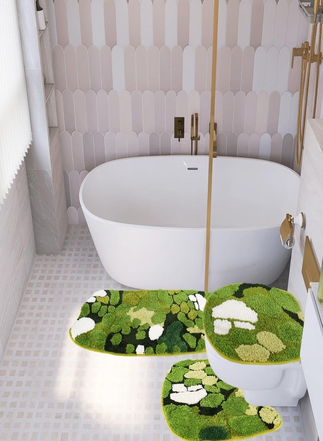 FYSUIMU 3Pcs Green Moss Bathroom Mat Set Includes Cute Moss Tufted U-Shaped Contour Toilet Rug Bath Mat and Toilet Lid Cover for Luxury Bathroom Decoration - Image 4