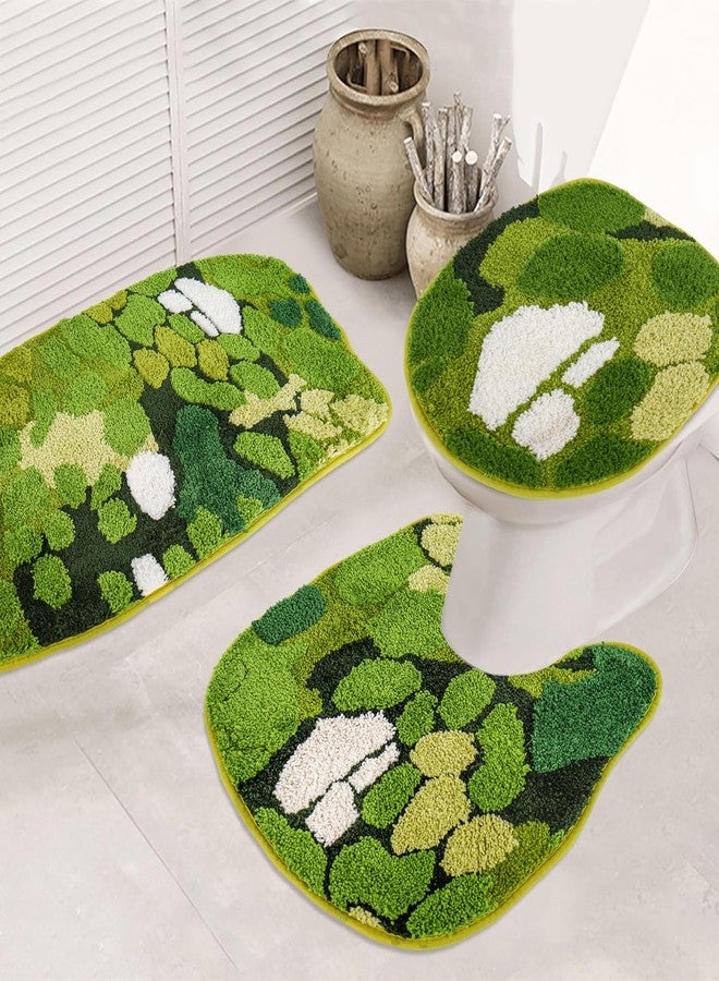 FYSUIMU 3Pcs Green Moss Bathroom Mat Set Includes Cute Moss Tufted U-Shaped Contour Toilet Rug Bath Mat and Toilet Lid Cover for Luxury Bathroom Decoration - Image 1