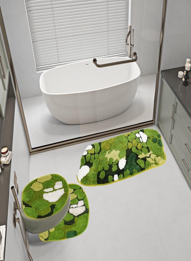 FYSUIMU 3Pcs Green Moss Bathroom Mat Set Includes Cute Moss Tufted U-Shaped Contour Toilet Rug Bath Mat and Toilet Lid Cover for Luxury Bathroom Decoration - Image 3