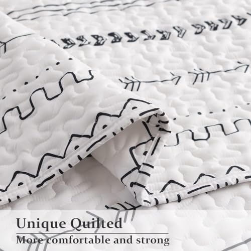 DURLENGEN White Quilt Set Queen Size 3Pcs,Bohemian Design with White & Black Geometric Pattern Printed on White, All Season Lightweight Bedspread Coverlet Sets(Queen 90x96,Boho White) - Image 3