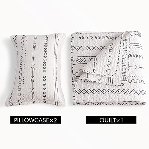 DURLENGEN White Quilt Set Queen Size 3Pcs,Bohemian Design with White & Black Geometric Pattern Printed on White, All Season Lightweight Bedspread Coverlet Sets(Queen 90x96,Boho White) - Image 5