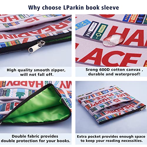 LParkin Reading is My Happy Place Book Sleeves Protector Gift for Book Lover, Bookshelf Book Sleeve with Zipper, 11x8.5 Inch Washable Fabric Book Lovers Kindle Sleeve - Image 3