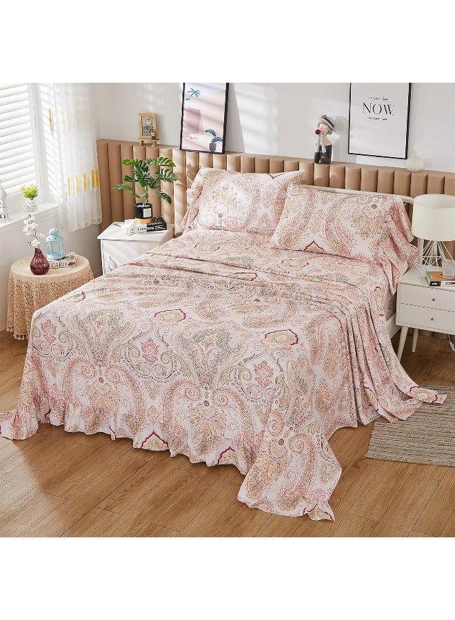 ABREEZE Pink Paisley Print Bed Sheet Set Boho Bedding Set Farmhouse Decor 4pc Luxury Bedding Set Bohemian Damask Medallion 1000TC Egyptian Cotton Queen Size - Image 2