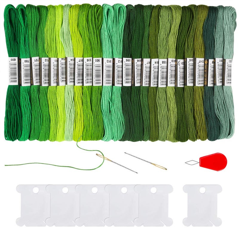 Pllieay 24 Skeins Friendship Bracelets Floss Green Gradient Embroidery Floss Cross Stitch Threads with 6 Floss Bobbins 2 Embroidery Needles and 1 Needle Threader for Cross Stitch Project