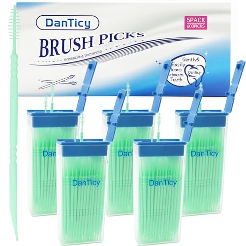 DanTicy Brushpicks Interdental Toothpicks,Soft Bristle Dental Floss Picks Toothpicks,Helps Removes Plaque and Debris Between Your Teeth 600PCS (Pack of 5) Mint - Image 1