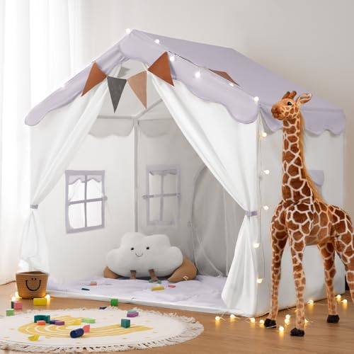 Besrey Kids Play Tent 2 in 1 with Padded Mat and Lights Large Kids Playhouse with 2 Doors 4 Windows Indoor Outdoor Christmas Toddler Tent 51 x35 x 51 Purple - Image 1