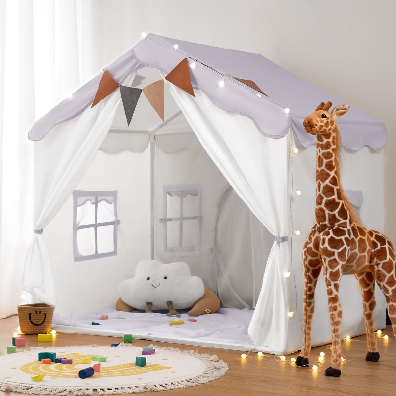 Besrey Kids Play Tent 2 in 1 with Padded Mat and Lights Large Kids Playhouse with 2 Doors 4 Windows Indoor Outdoor Christmas Toddler Tent 51 x35 x 51 Purple - Image 3