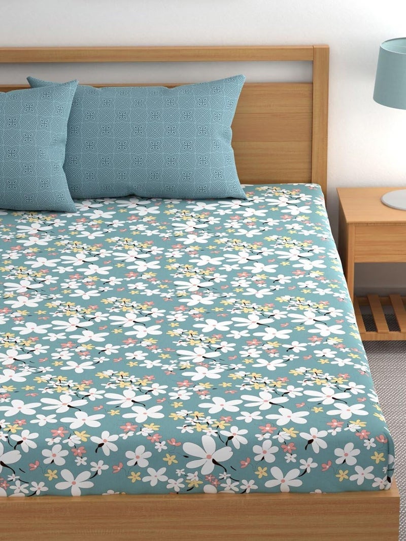 LOOMLYFE 300 TC Cotton Feel Glace Cotton Elastic Fitted Printed King Size Double Bed Bedsheet with 2 Pillow Covers Fits Upto 8 inches Mattress, Size- 72X78 Inches, SkyBlue - Image 2