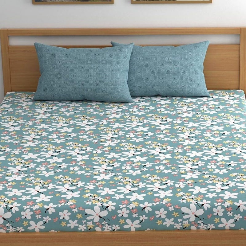 LOOMLYFE 300 TC Cotton Feel Glace Cotton Elastic Fitted Printed King Size Double Bed Bedsheet with 2 Pillow Covers Fits Upto 8 inches Mattress, Size- 72X78 Inches, SkyBlue - Image 3