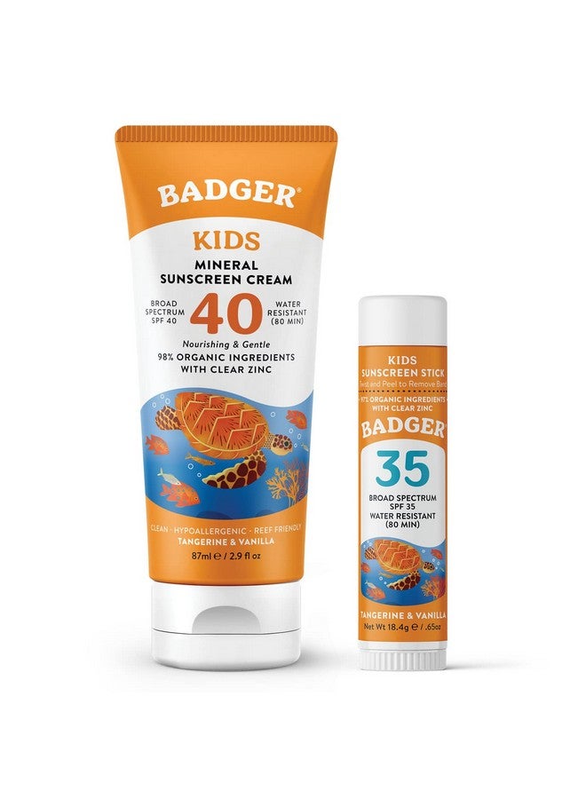 بادجير مجموعة واقي الشمس المعدنية للأطفال، كريم بعامل حماية من الشمس 40 وكريم وجه بعامل حماية من الشمس 35، مقاوم للماء وواسع الطيف وآمن على الشعاب المرجانية مع أكسيد الزنك واليوسفي والفانيليا - Image 1