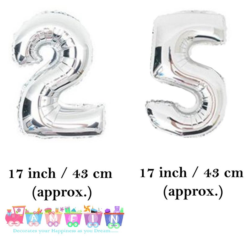 AMFIN® 17" Inch Number 25 Foil Balloons , Kids Party Supplies/ Theme Birthday Party , Foil Balloons , Birthday Balloons - Silver - Image 2