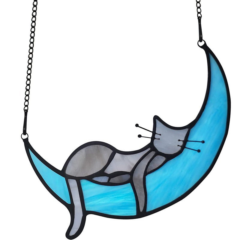 BOXCASA Handcrafted Grey Cat on Moon Stained Glass Suncatcher  Decorative Window Hanging for Cat Lovers Mothers Day for WomenMomDaughterWife