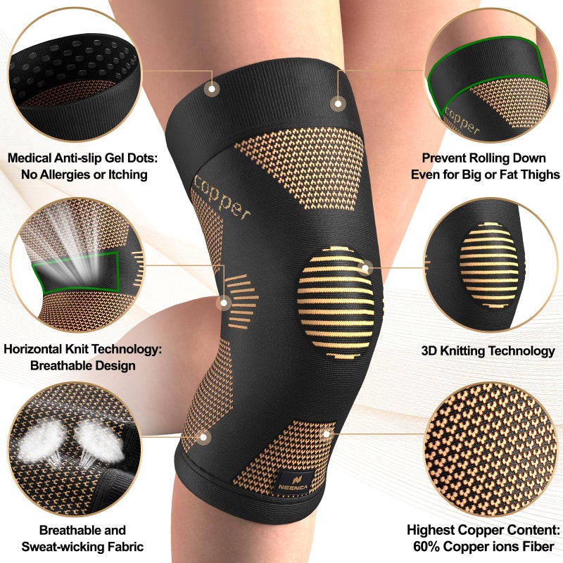 NEENCA Copper Knee Brace for Women and Men, Knee Compression Sleeve for Knee Pain, Arthritis, ACL, Meniscus Tear, Joint Pain Relief, Knee Support for Running, Working Out, Fitness,Weightlifting-Single - Image 2