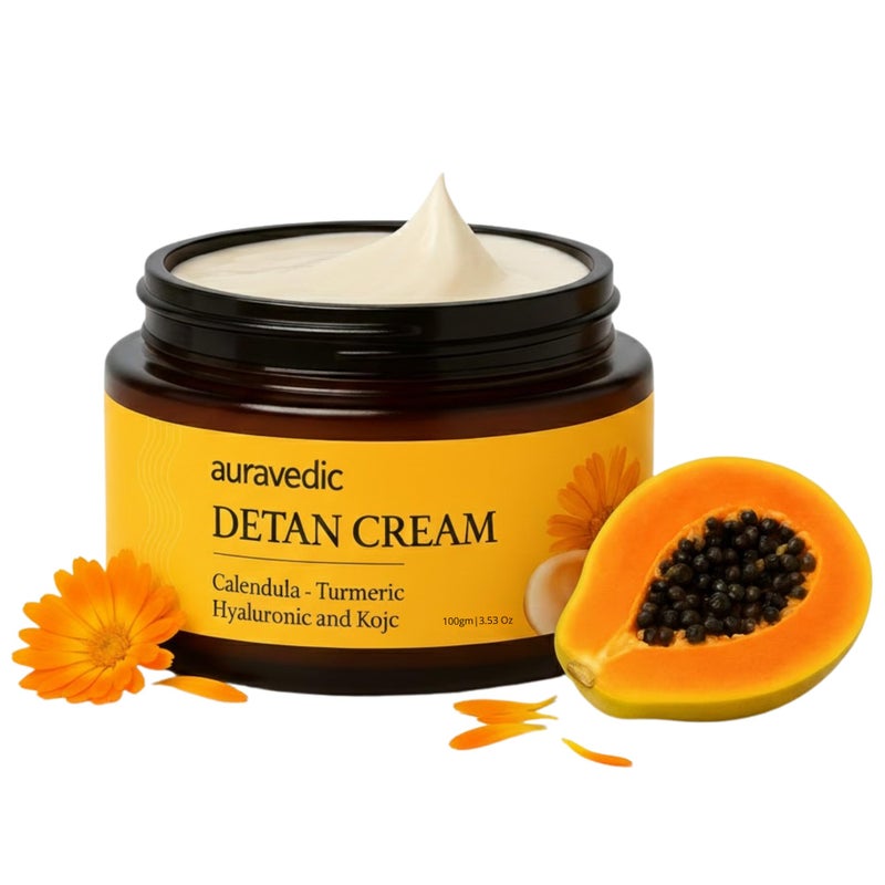 Auravedic De Tan Face Cream | Helps Reduce Tanning & Sun Damage | Enriched with Turmeric, Papaya & Calendula | Lightweight Daily Moisturizer for All Skin Types | 3.53 Oz (100g) - Image 1