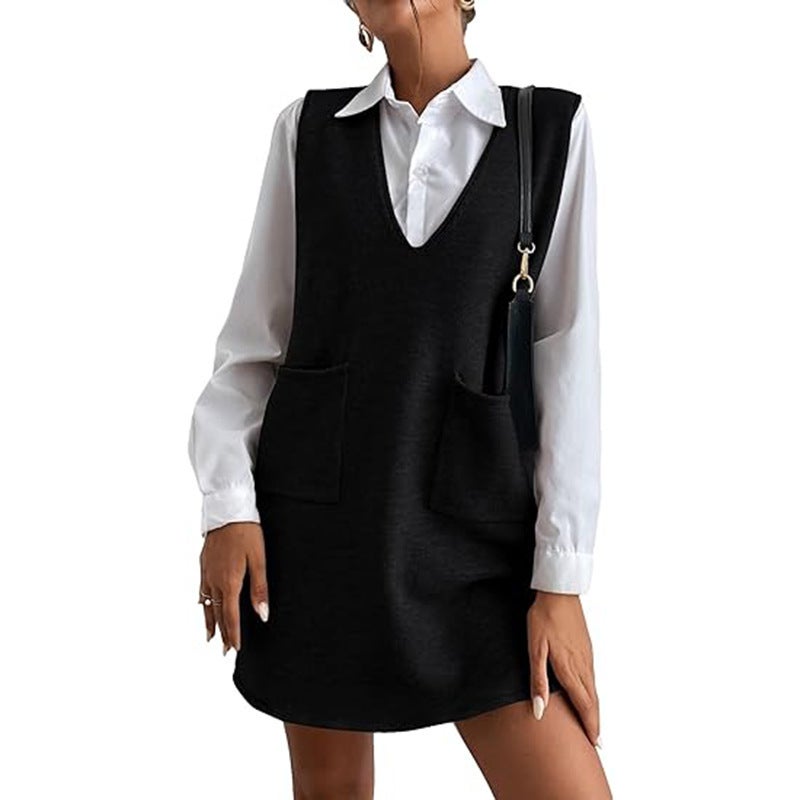 Vest skirt wool mid-length double-sided vest skirt autumn and winter new Korean solid color sleeveless all-match dress Black