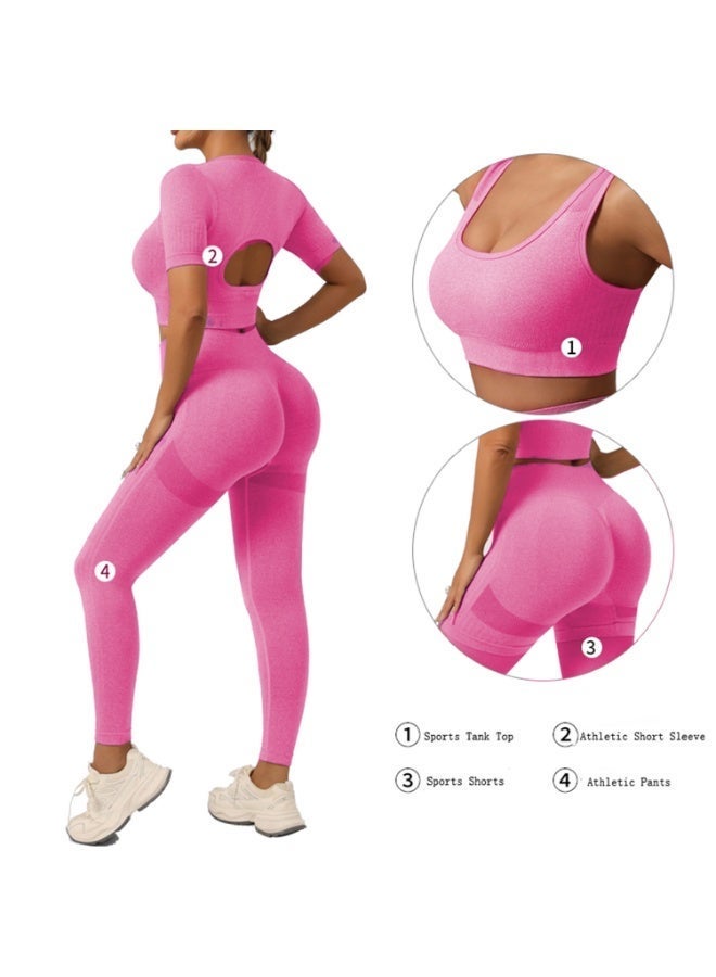 4 Piece Workout Sets for Women Butt Lifting Leggings with High Impact Sports Bra Gym Shorts  Sports Short Sleeve - Image 1