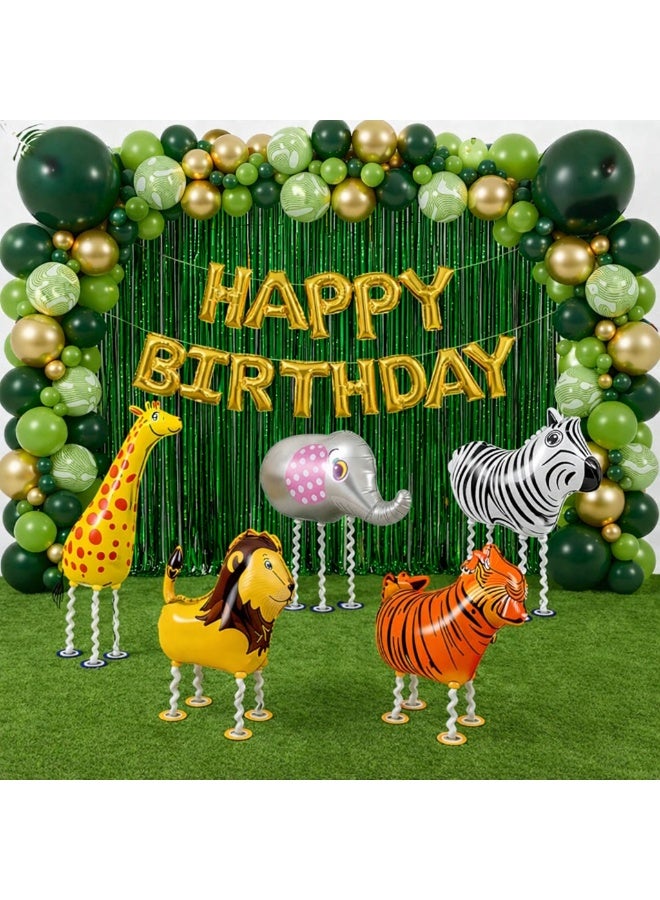 JOLLITY LLC Jungle Safari Birthday Decoration Set (83 Pcs) | Green & Gold Balloon Arch Kit + Happy Birthday Banner + Animal Foil Balloons + Green Curtain Backdrop - Image 1