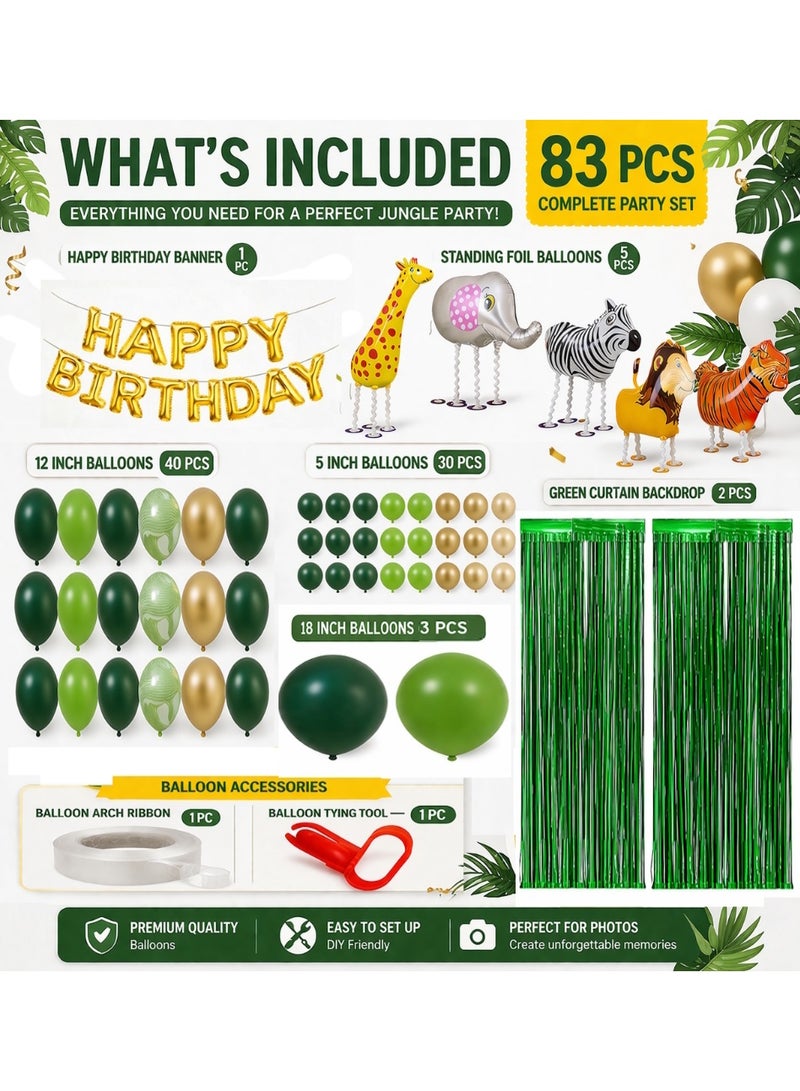 JOLLITY LLC Jungle Safari Birthday Decoration Set (83 Pcs) | Green & Gold Balloon Arch Kit + Happy Birthday Banner + Animal Foil Balloons + Green Curtain Backdrop - Image 2
