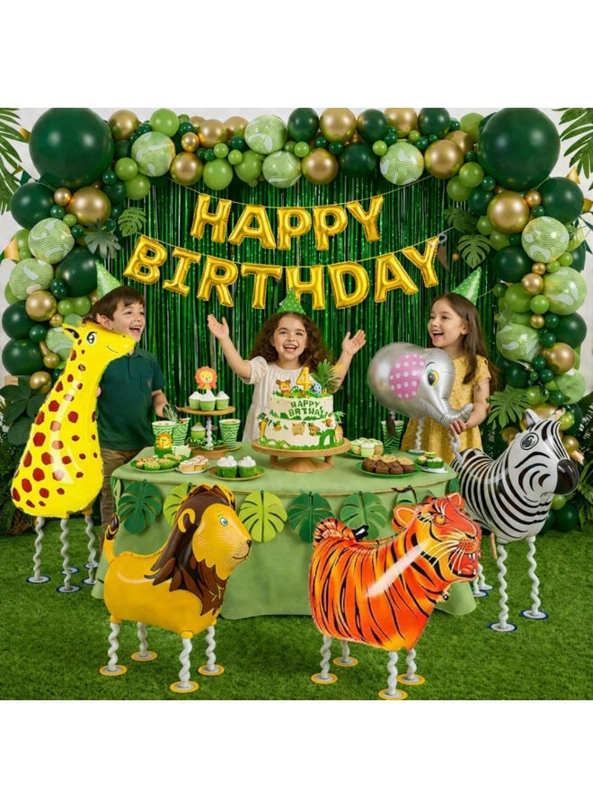 JOLLITY LLC Jungle Safari Birthday Decoration Set (83 Pcs) | Green & Gold Balloon Arch Kit + Happy Birthday Banner + Animal Foil Balloons + Green Curtain Backdrop - Image 3